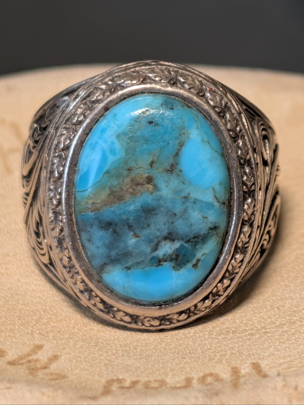 Vintage Sterling 925 Large Oval Turquoise Men's Statement Ring Ornate Scrollwork